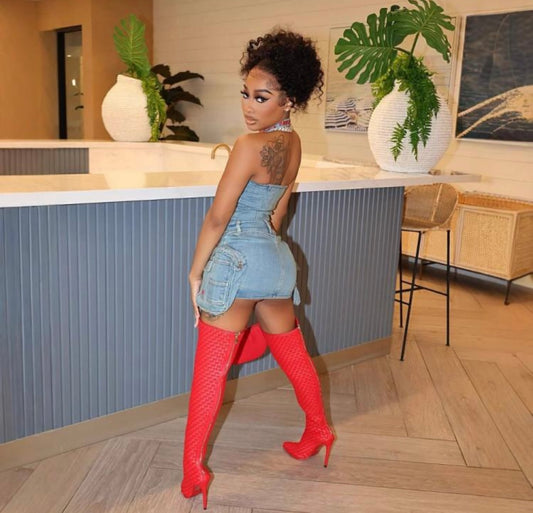 Denim Halter Cargo duffel bag skirt set