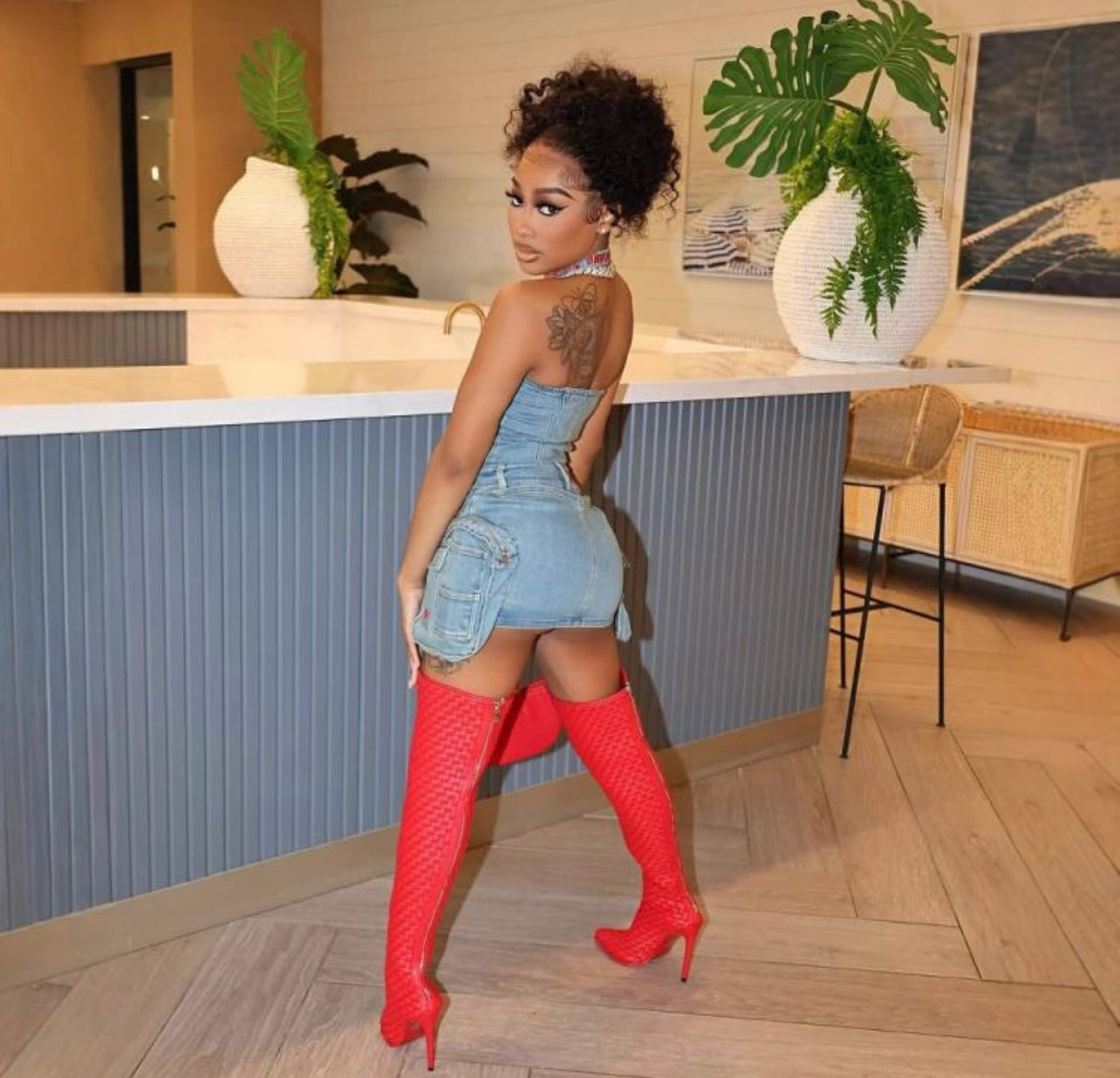 Denim Halter Cargo duffel bag skirt set