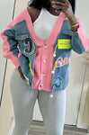 Denim  & Patches Cardigan Vanilla Bean & light Pink