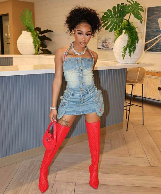 Denim Halter Cargo duffel bag skirt set