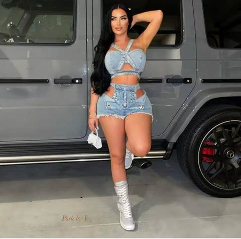“Giddy up”denim 2 piece short set