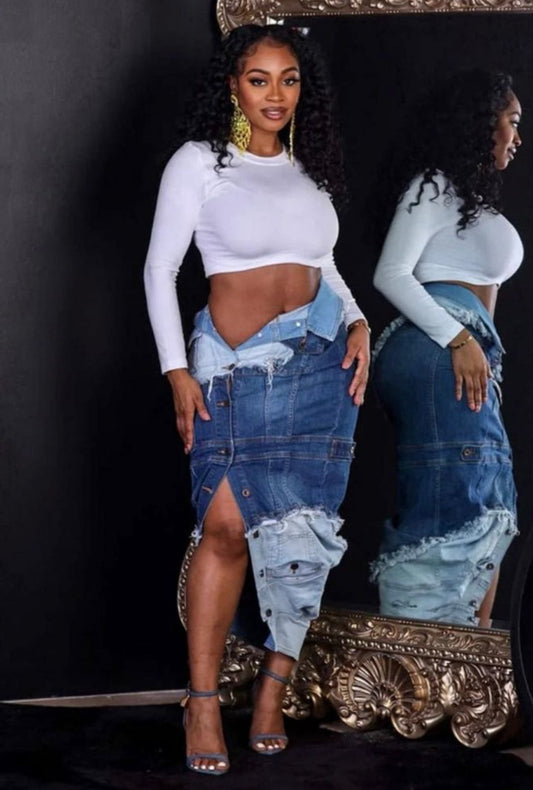 Tricked-out denim skirt